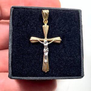 14k Solid Yellow Gold Semi Hollow Cross Pendant (1.2 inch) (1 gram)